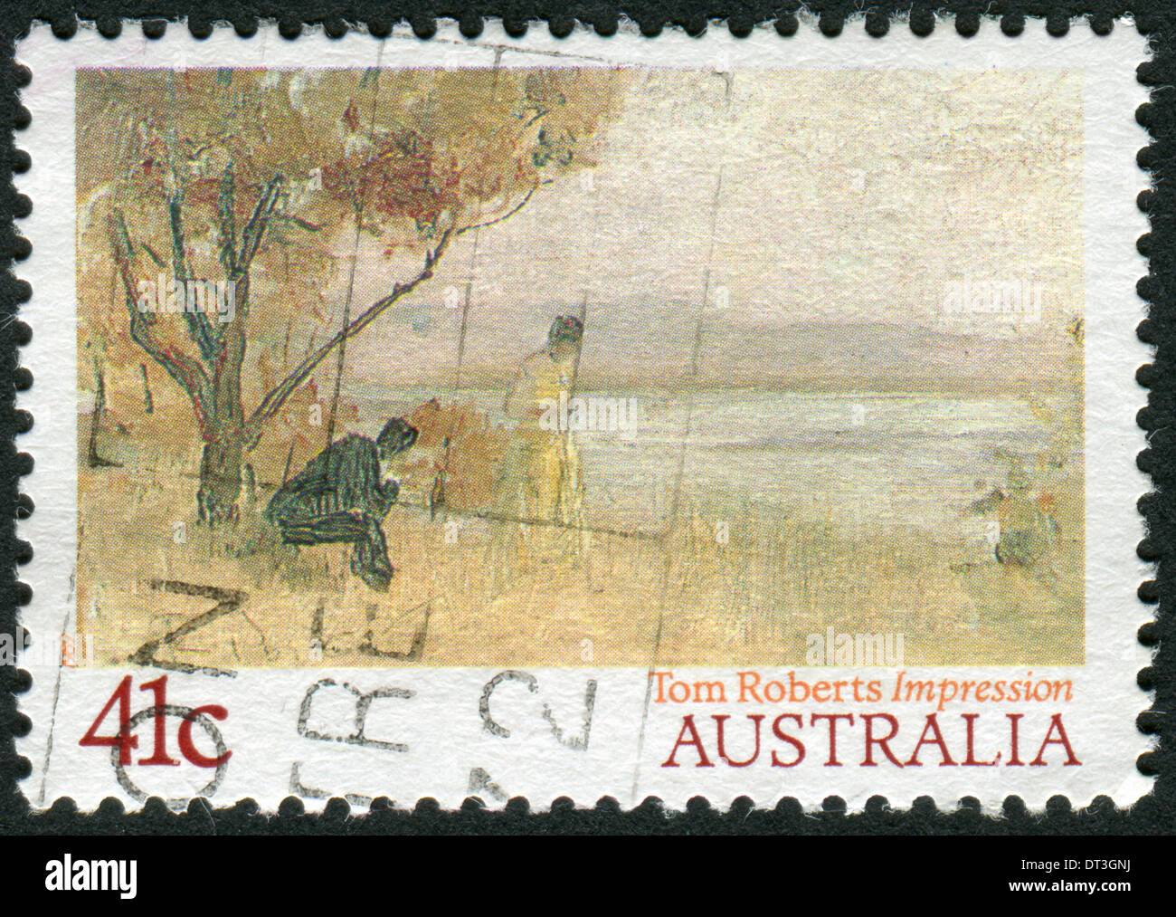 AUSTRALIA - circa 1989: francobollo stampato in Australia, mostra un dipinto 'impressione' da Tom Roberts, circa 1989 Foto Stock
