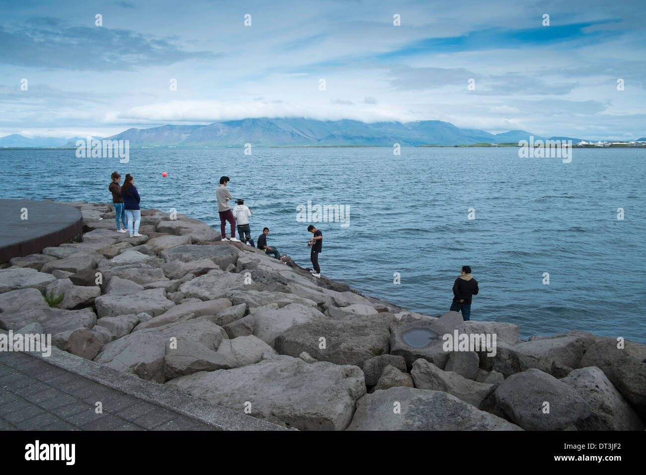 La gente del posto la pesca nel porto di Reykjavik, Islanda Foto Stock