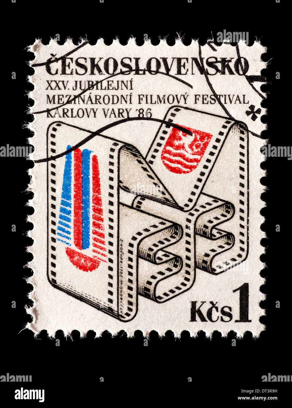 Francobollo dalla Cecoslovacchia raffigurante una striscia di pellicola, rilasciata per il Karlovy Vary International Film Festival. Foto Stock
