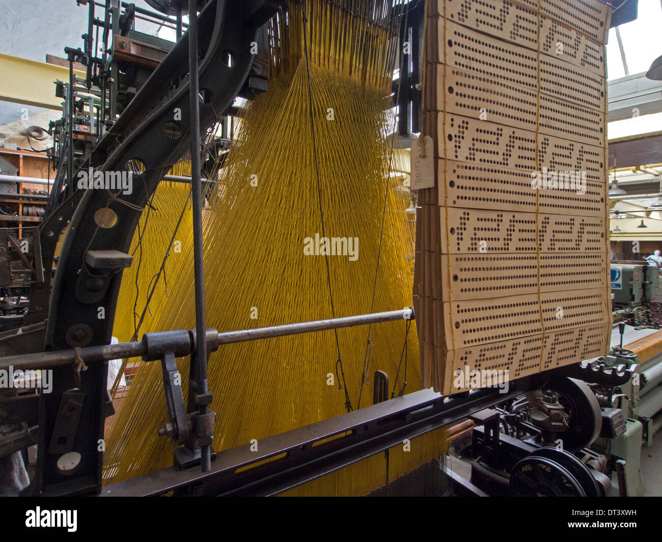 Il Jacquard di schede perforate che controllano il pattern di tessuto su un telaio automatico. Foto Stock