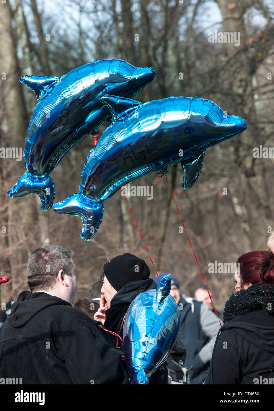 Berlino, Germania. 8 febbraio 2014. Dolphin palloncini galleggiante su manifestanti a una manifestazione contro l'uccisione di delfini nel Taiji (Giappone), che è stato organizzato da diritti degli animali gruppo WDSF, a Berlino. Secondo la polizia, circa un migliaio di persone hanno manifestato contro la uccisione di delfini fuori della costa giapponese di fronte all'ambasciata giapponese a Berlino. . Foto: PAOLO ZINKEN/DPA - NESSUN SERVIZIO DI FILO/KEIN BILDFUNK- Credito: dpa picture alliance/Alamy Live News Foto Stock