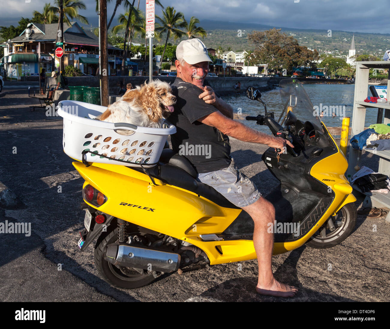 Uomo con cane sul motociclo in Kailua-Kona presso il molo Foto Stock