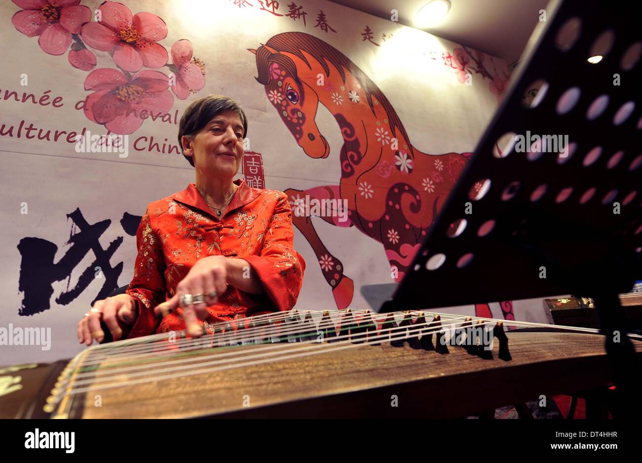 Parigi, Francia. 8 Feb 2014. Un allievo di Guzheng (a 21- o 25 corde dello strumento pizzicata) esegue in Cina il Centro di Cultura di Parigi, Francia, 8 febbraio 2014. Un evento che celebra nuovo anno lunare cinese si è tenuto qui il sabato, attraendo un sacco di residenti locali e Overseas Chinese. © Chen Xiaowei/Xinhua/Alamy Live News Foto Stock
