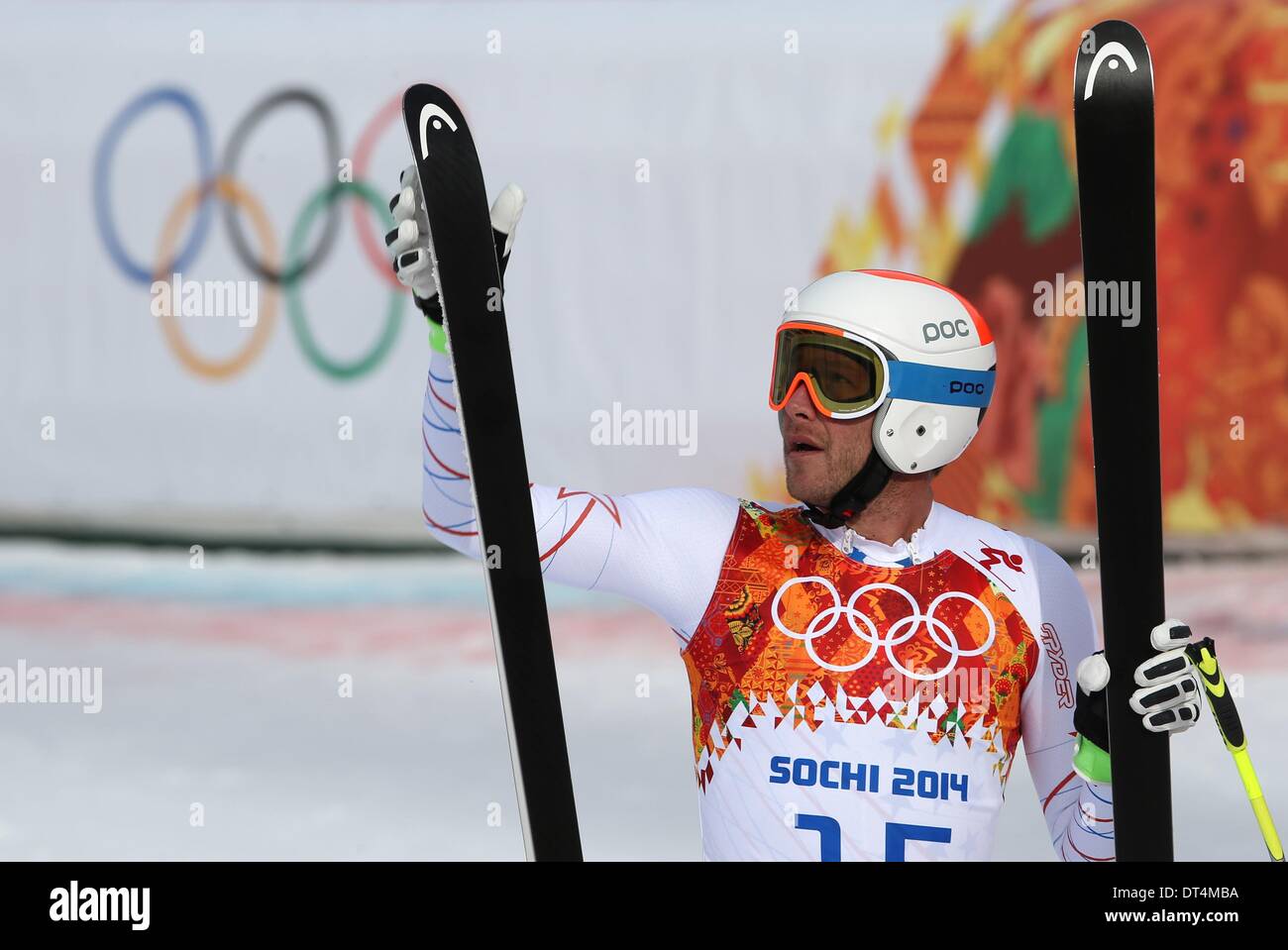 Sochi, Russia. Il 9 febbraio, 2014. Bode Miller DI STATI UNITI D'AMERICA reagisce durante l'uomo in discesa Sci Alpino in Rosa Khutor Alpine Center a Sochi 2014 Giochi Olimpici, Krasnaya Polyana, Russia, 09 febbraio 2014. Foto: Michael Kappeler/dpa Foto Stock