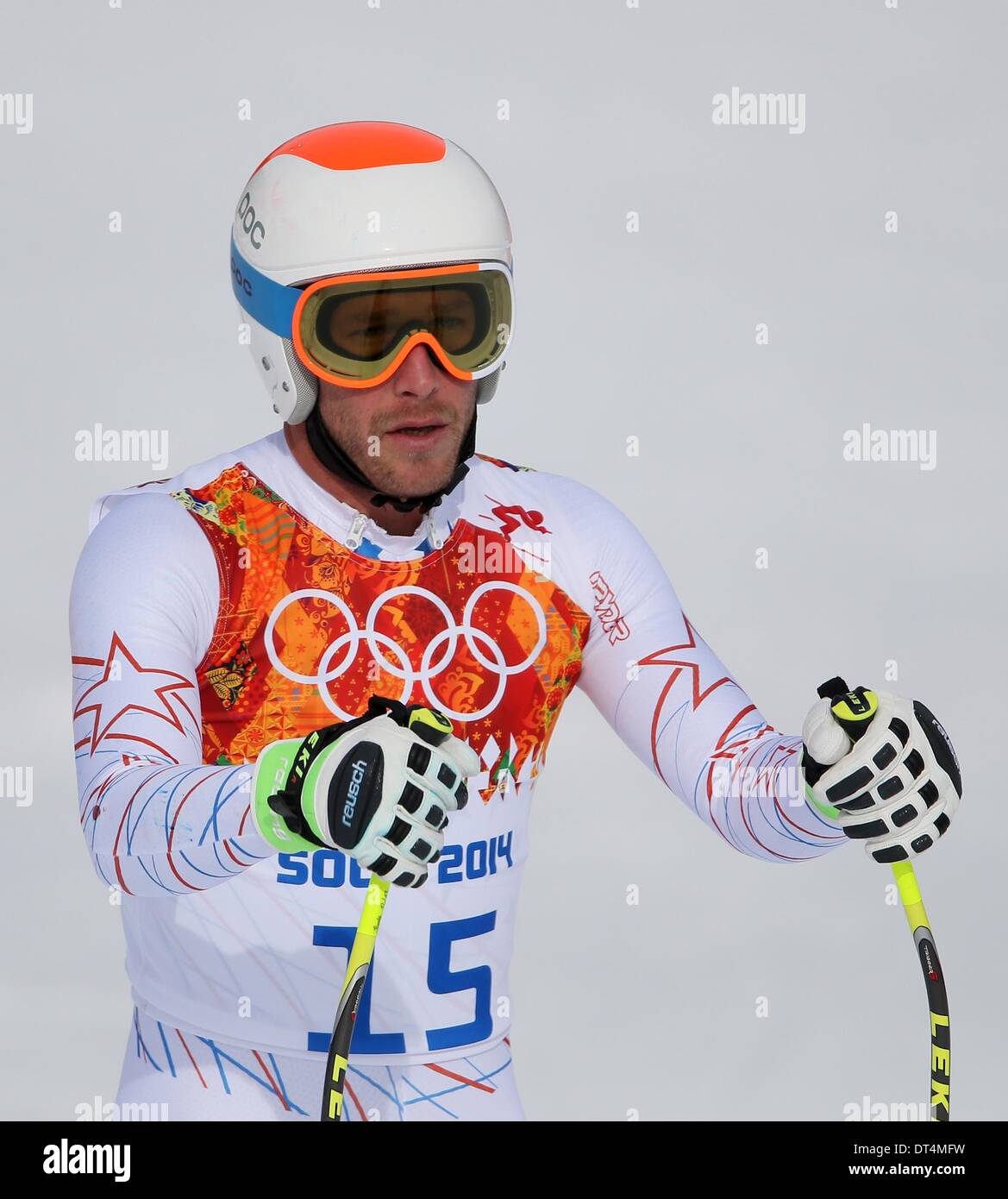 Sochi, Russia. Il 9 febbraio, 2014. Bode Miller DI STATI UNITI D'AMERICA reagisce durante l'uomo in discesa Sci Alpino in Rosa Khutor Alpine Center a Sochi 2014 Giochi Olimpici, Krasnaya Polyana, Russia, 09 febbraio 2014. Foto: Michael Kappeler/dpa Foto Stock