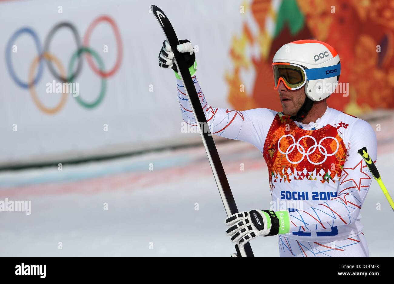Sochi, Russia. Il 9 febbraio, 2014. Bode Miller DI STATI UNITI D'AMERICA reagisce durante l'uomo in discesa Sci Alpino in Rosa Khutor Alpine Center a Sochi 2014 Giochi Olimpici, Krasnaya Polyana, Russia, 09 febbraio 2014. Foto: Michael Kappeler/dpa Foto Stock