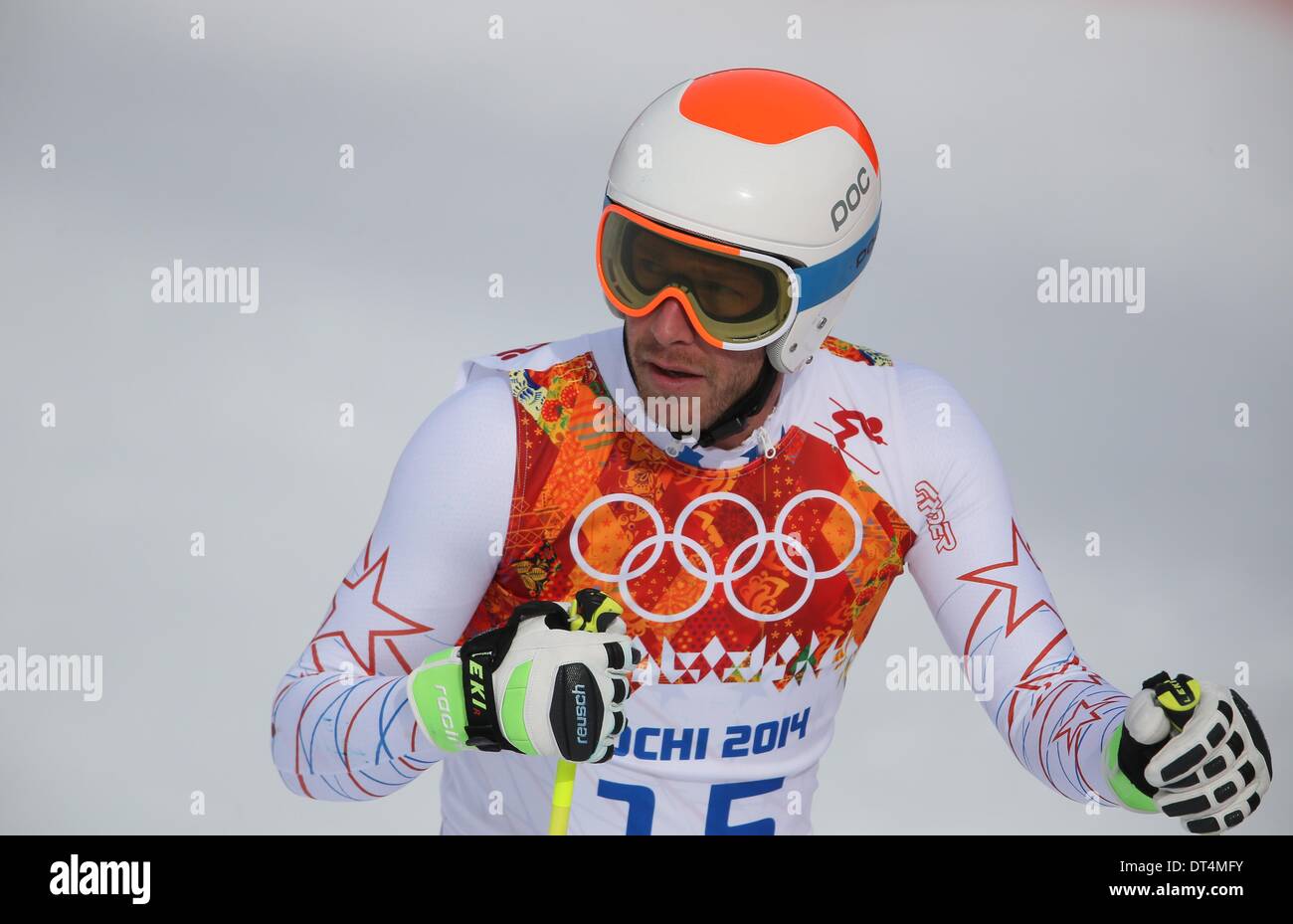 Sochi, Russia. Il 9 febbraio, 2014. Bode Miller DI STATI UNITI D'AMERICA reagisce durante l'uomo in discesa Sci Alpino in Rosa Khutor Alpine Center a Sochi 2014 Giochi Olimpici, Krasnaya Polyana, Russia, 09 febbraio 2014. Foto: Michael Kappeler/dpa Foto Stock