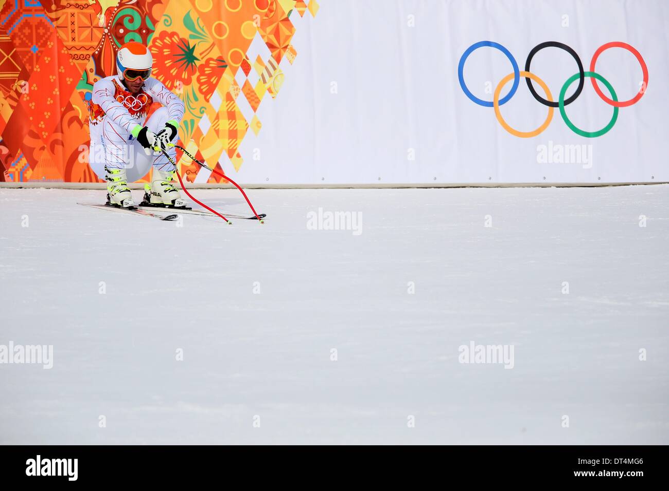 Sochi, Russia. Il 9 febbraio, 2014. Bode Miller DI STATI UNITI D'AMERICA reagisce durante l'uomo in discesa Sci Alpino in Rosa Khutor Alpine Center a Sochi 2014 Giochi Olimpici, Krasnaya Polyana, Russia, 09 febbraio 2014. Foto: Michael Kappeler/dpa Foto Stock