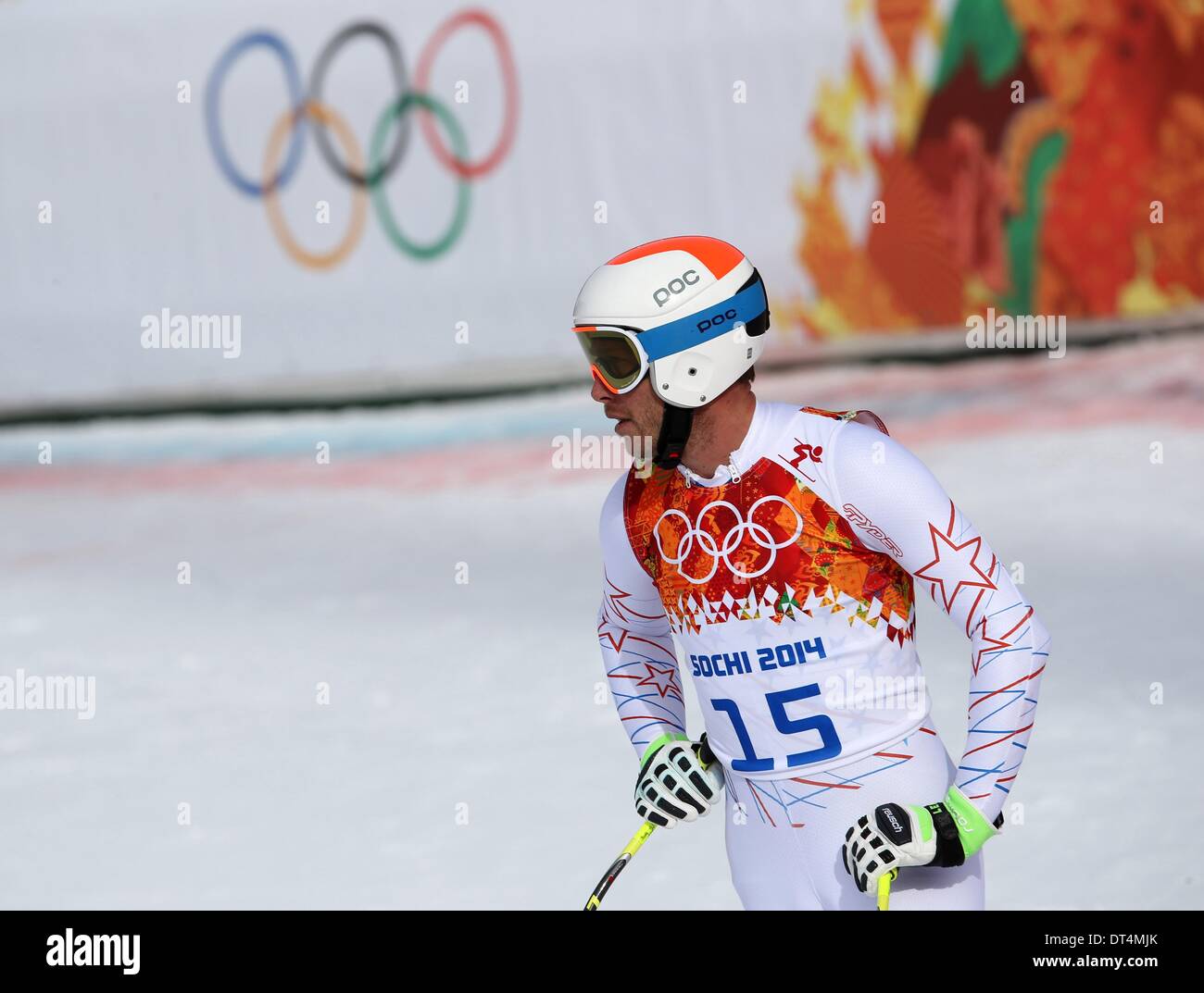 Sochi, Russia. Il 9 febbraio, 2014. Bode Miller DI STATI UNITI D'AMERICA reagisce durante l'uomo in discesa Sci Alpino in Rosa Khutor Alpine Center a Sochi 2014 Giochi Olimpici, Krasnaya Polyana, Russia, 09 febbraio 2014. Foto: Michael Kappeler/dpa Foto Stock