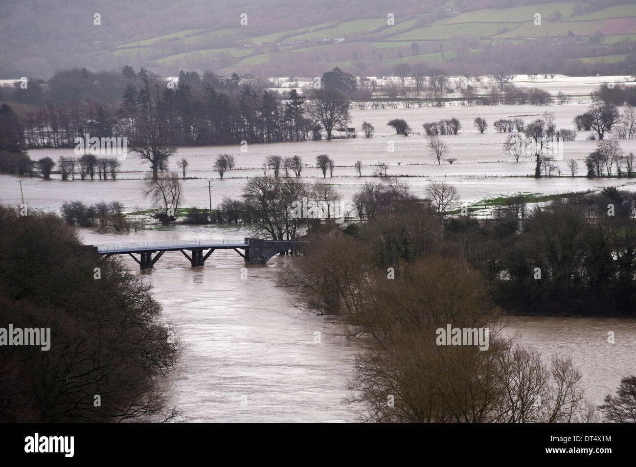 Whitney-on-Wye, Herefordshire, Inghilterra, Regno Unito. Il 9 febbraio, 2014. Fiume Wye burst si tratta di banche e inondazioni farmland intorno Il Grade ii Listed è un ponte a pedaggio costruita originariamente nel 1779. Pioggia torrenziale desposited dalla tempesta di neve ha causato ampie inondazioni attraverso il sud e ovest del Regno Unito. Credito: Jeff Morgan/Alamy Live News Foto Stock