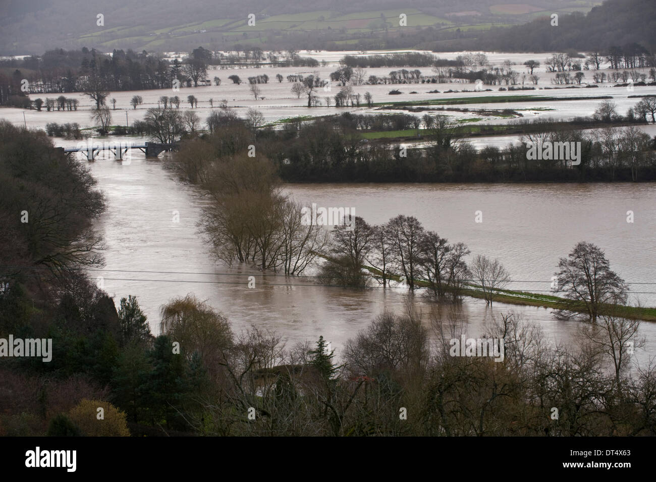 Whitney-on-Wye, Herefordshire, Inghilterra, Regno Unito. Il 9 febbraio, 2014. Fiume Wye burst si tratta di banche e inondazioni farmland intorno Il Grade ii Listed è un ponte a pedaggio costruita originariamente nel 1779. Pioggia torrenziale desposited dalla tempesta di neve ha causato ampie inondazioni attraverso il sud e ovest del Regno Unito. Credito: Jeff Morgan/Alamy Live News Foto Stock