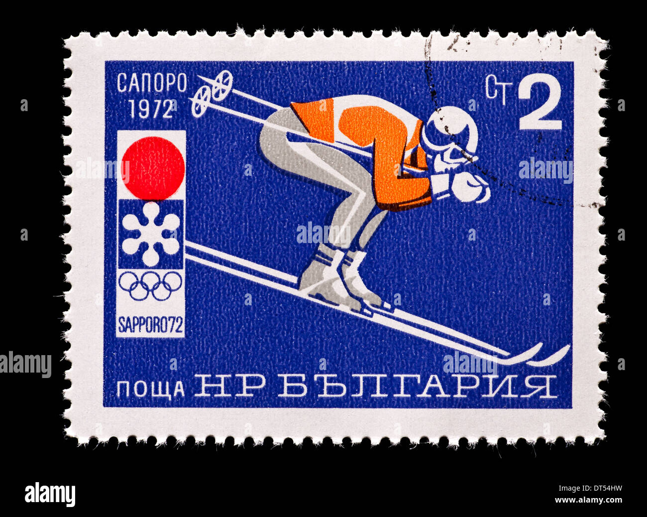 Francobollo dalla Bulgaria raffigurante una discesa sciatore, rilasciati per le Olimpiadi invernali del 1972 a Sapporo, Giappone, 1972. Foto Stock