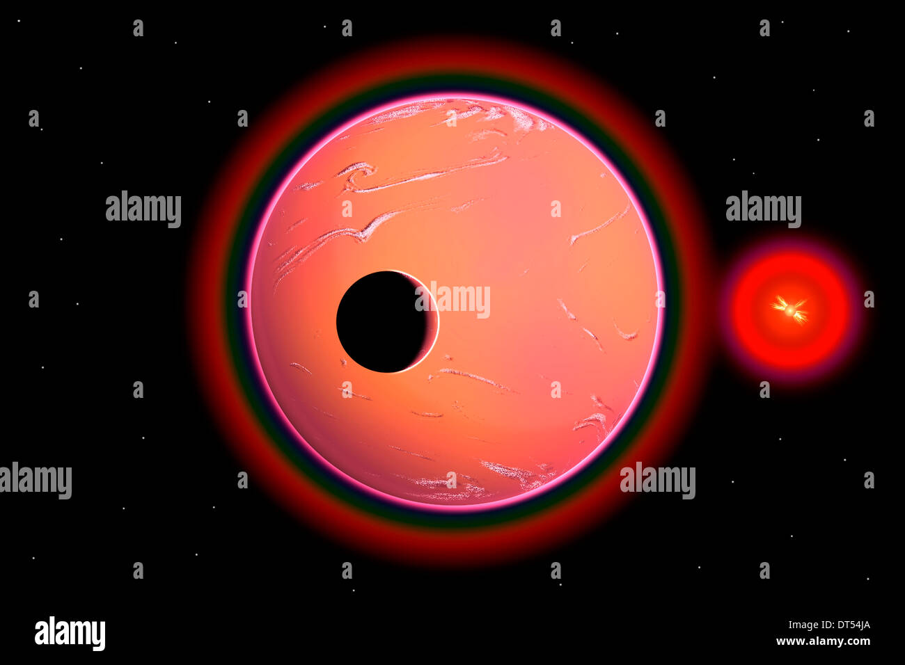 Un mondo alieno & la sua Luna in orbita intorno a un gigante rosso Star, Foto Stock