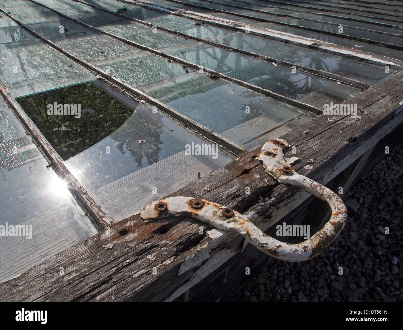 Un antico giardino cold-frame con rotture di lastre di vetro e la formazione di ruggine maniglia. Foto Stock