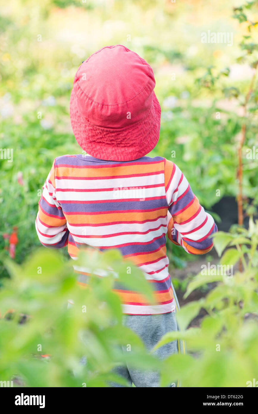 Tranquilla estate scena. Giovane ragazza in piedi in giardino, la visione di piante e fiori. Foto Stock