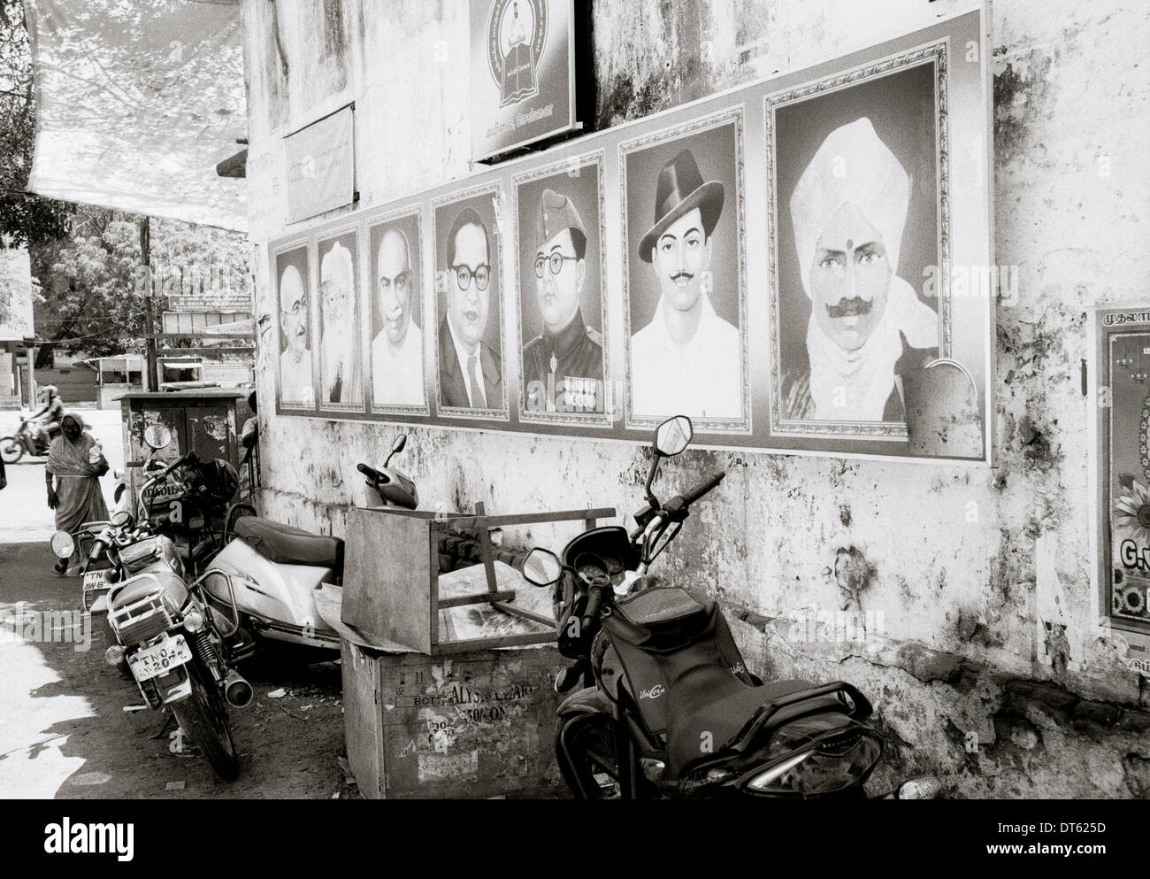 Storico indiano eroi Chennai Madras in Tamil Nadu, nell India orientale in Asia del Sud. La storia di Gandhi storico ritratto ritrattistica Hero Reportage di Viaggio Foto Stock