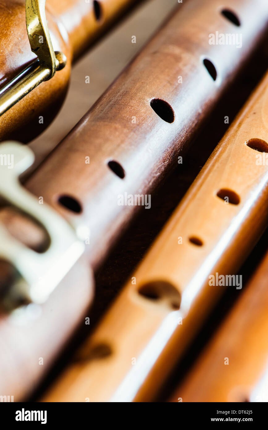 Primo piano di una varietà di registratori (flauto). Foto Stock