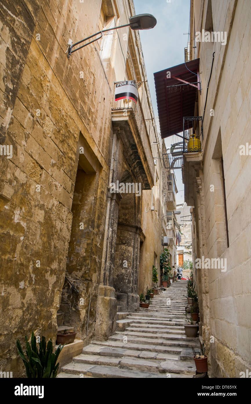 La scala di tipica stretta strada collinare, Vittoriosa, Malta Foto Stock