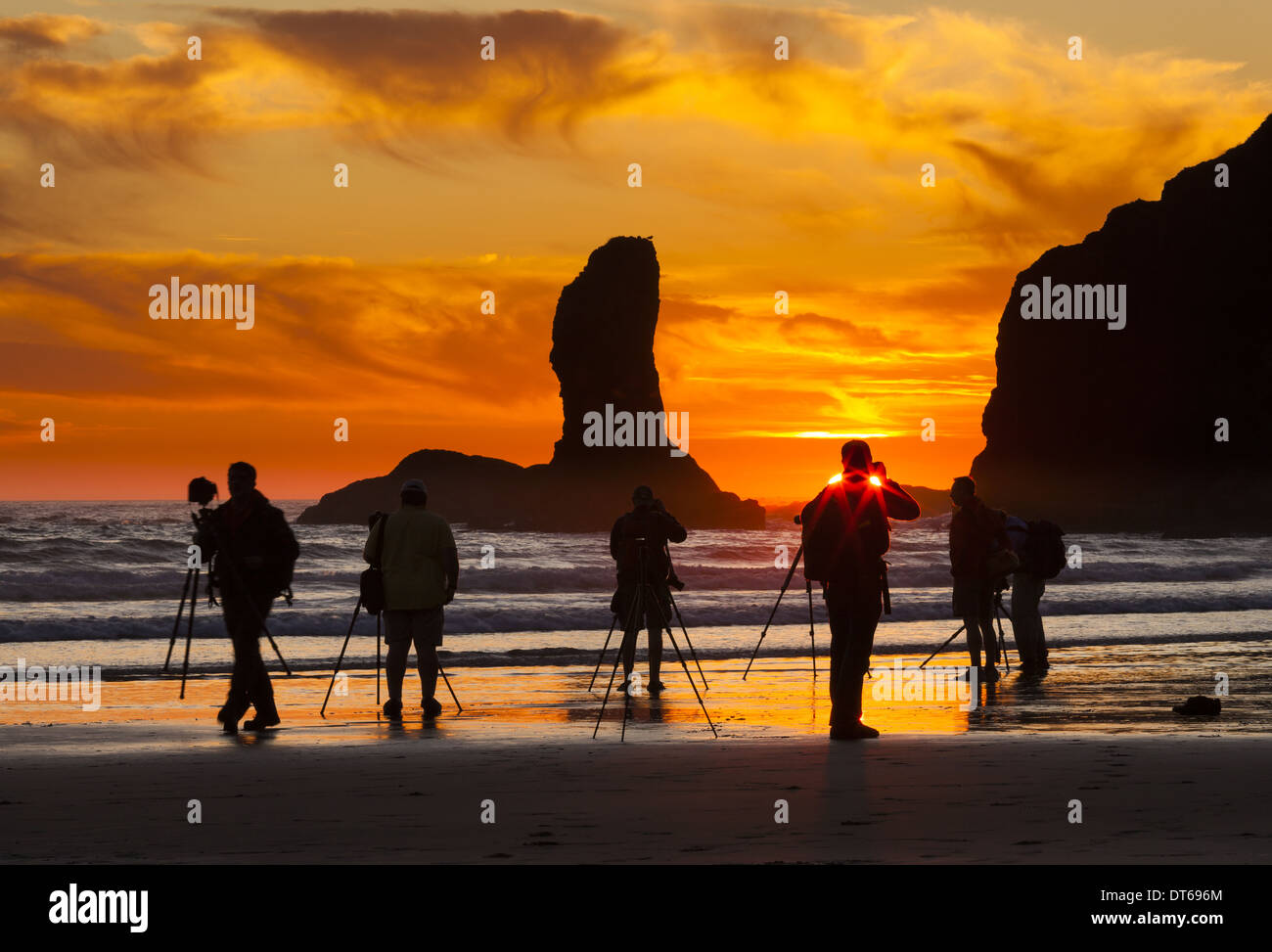 I fotografi al tramonto a Seconda Spiaggia, Parco Nazionale di Olympic, Washington, Stati Uniti d'America Foto Stock
