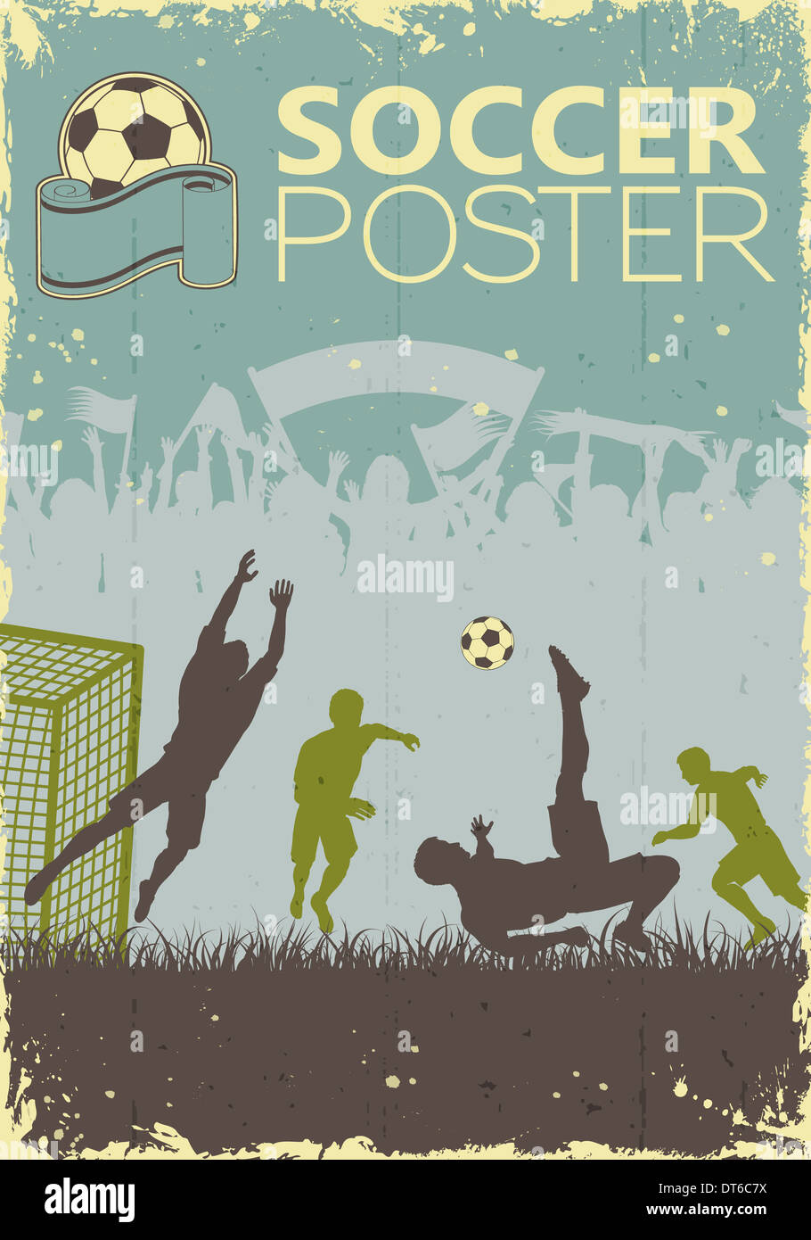 Soccer poster con i giocatori e tifosi in colori retrò su sfondo grunge, illustrazione Foto Stock