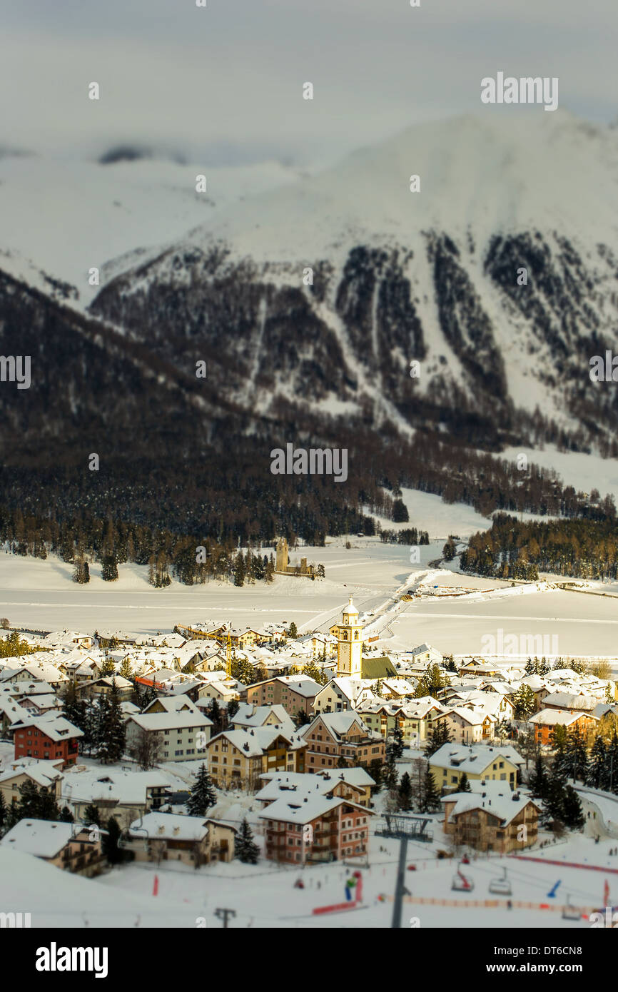 Il centro del villaggio di Celerina (Svizzera), tilt-shift effetto Foto Stock