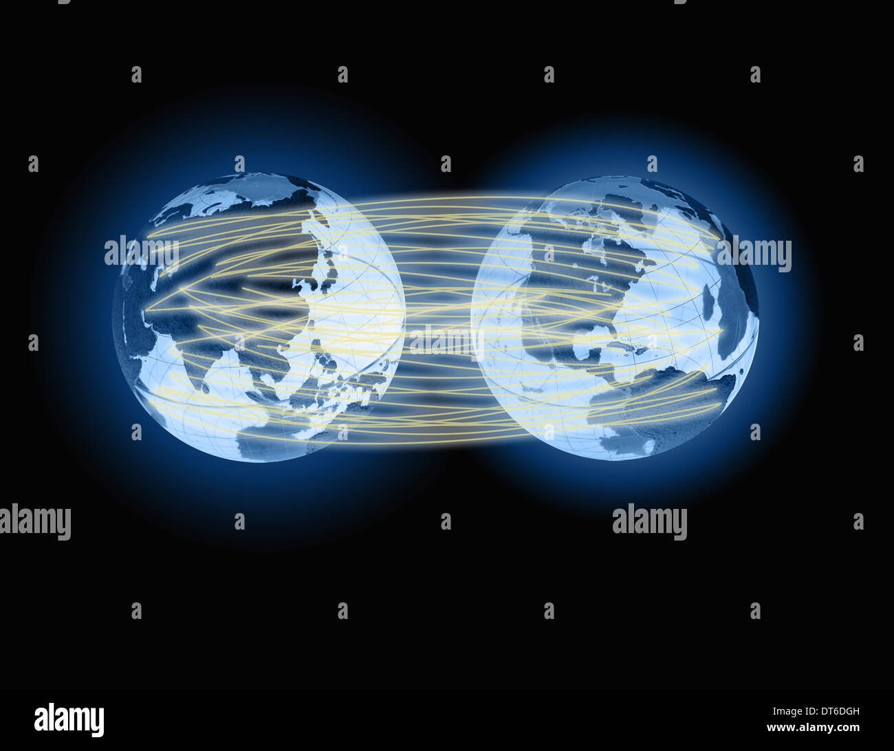Due globi collegati da linee di luce, che rappresenta la comunicazione globale. Foto Stock