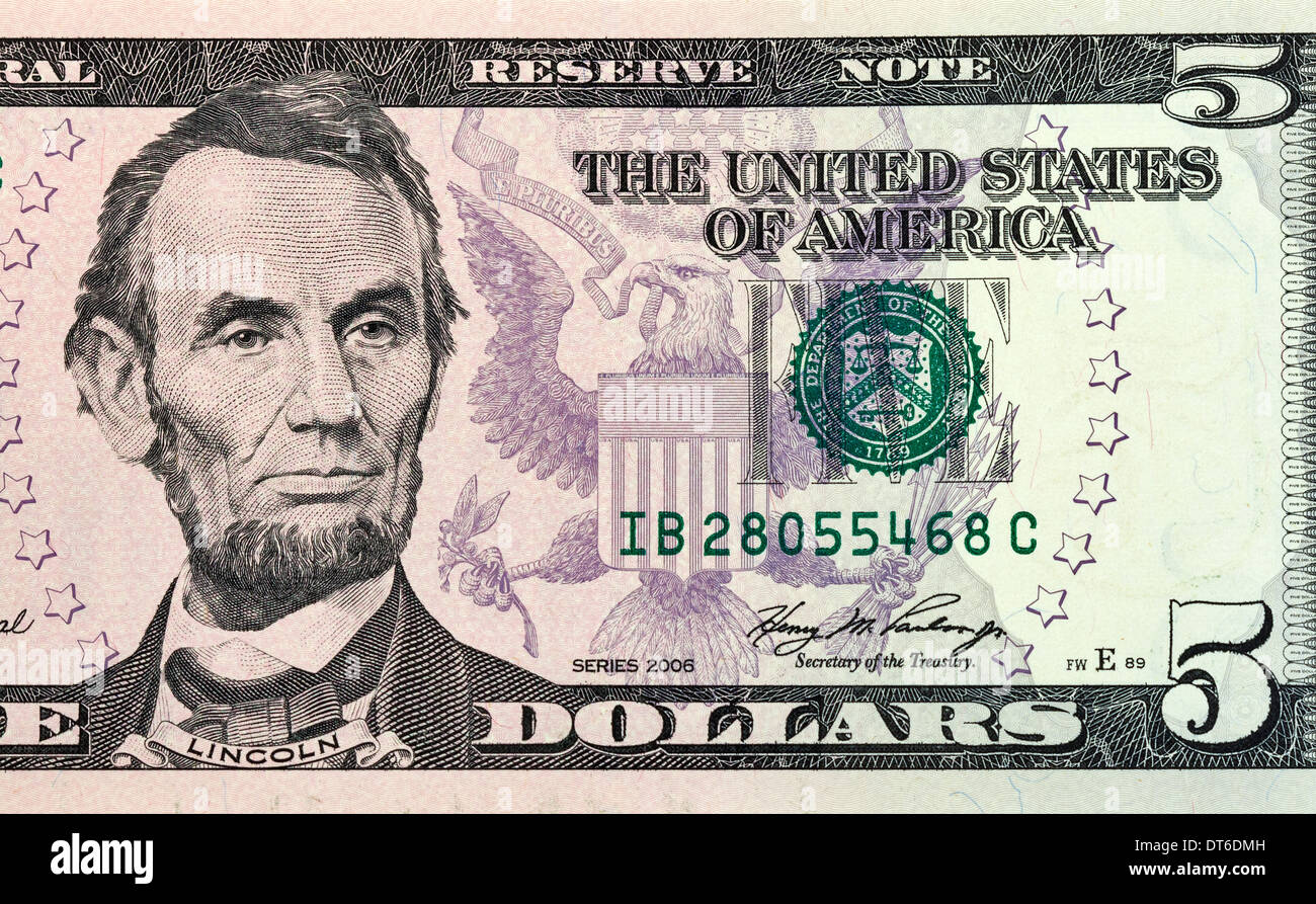 Ritratto di Linkoln da cinque dollari bill nuova edizione macro Foto Stock