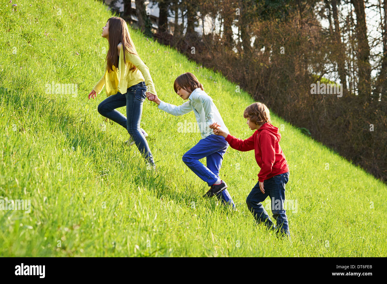 Sorelle e fratelli più giovani salendo su campo erboso Foto Stock