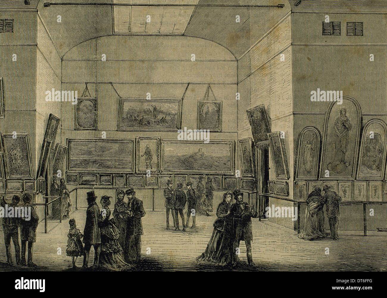 Spagna. Barcellona. Le persone che visitano la mostra di Belle Arti. Incisione di Capuz. La spagnolo e illustrazione americana, 1870. Foto Stock