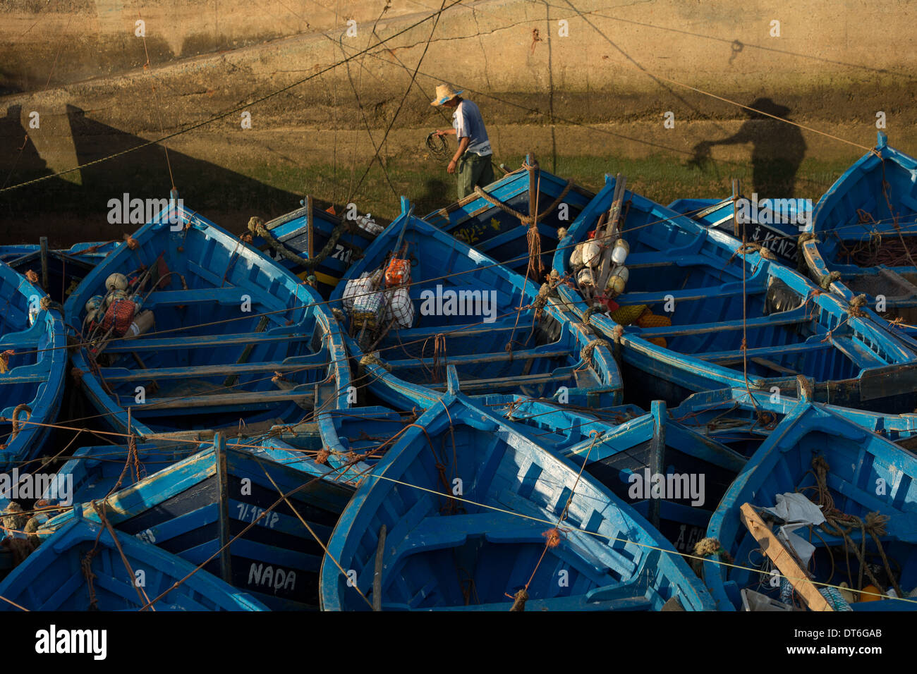 Tradizionale blu barche da pesca tutti ormeggiati nel porto durante il tardo pomeriggio a Essaouira, Marocco Foto Stock