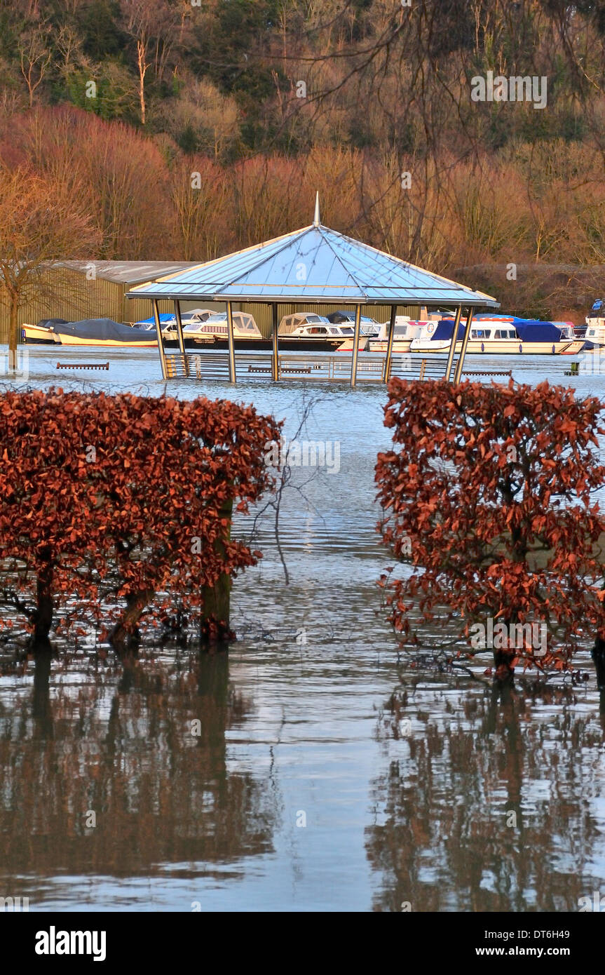 Henley-on-Thames, Oxfordshire, Regno Unito. 10 Febbraio, 2014. Il fiume il Tamigi ha scoppiare le sue banche e il palco per spettacoli e posti a sedere in un mulino prati sono circondati da acqua. Con precipitazioni più previsto il fiume potrebbe crescere ulteriormente più avanti nel corso della settimana. Credito: Wendy Johnson/Alamy Live News Foto Stock