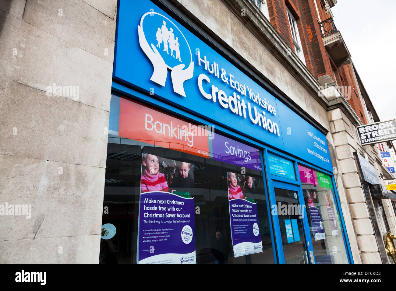 Scafo Credit Union shop segno anteriore di risparmio bancario prestiti prestiti Kingston upon Hull, East Riding, nello Yorkshire, Regno Unito Inghilterra GB Foto Stock