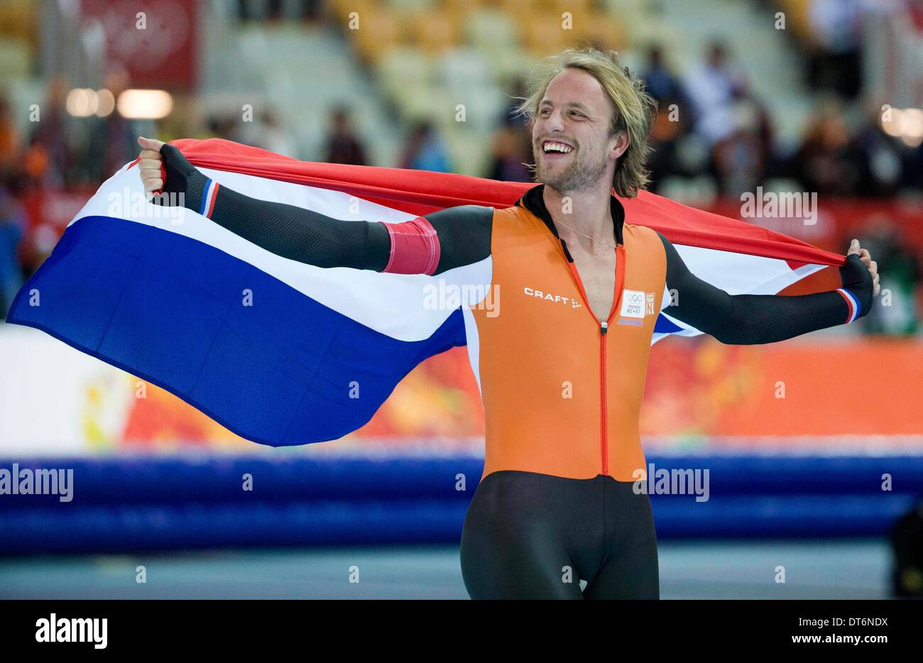 Sochi, Russia. 10 Febbraio, 2014. Paesi Bassi Michel Muders vince l'oro negli uomini la pratica del pattinaggio di velocità a Alder Arena pattinaggio centro durante il 2014 Olimpiadi invernali di Sochi. Credito: Paolo Kitagaki Jr./ZUMAPRESS.com/Alamy Live News Foto Stock