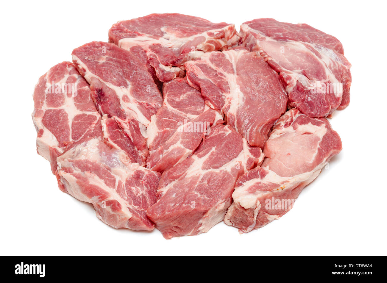 Pezzi di carni la carne cruda isolati su sfondo bianco Foto Stock