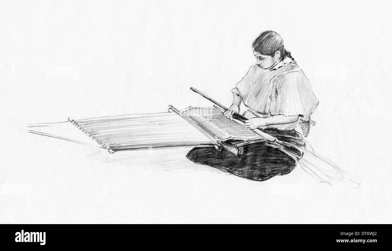 Illustrazione di un indigeni messicani con un telaio di tessitura Foto Stock