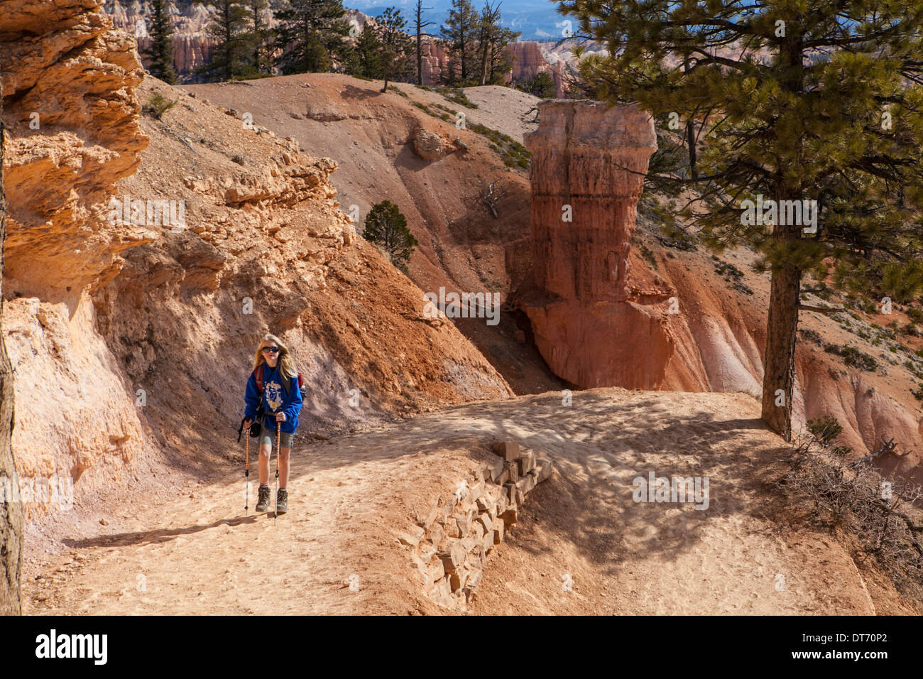 Un escursionista ascende al Giardino del Diavolo Sentiero nel Parco Nazionale di Bryce Canyon, Utah. Foto Stock