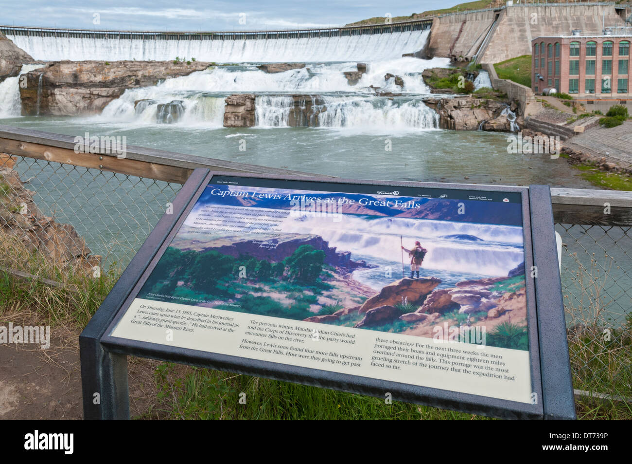 Montana, Great Falls, Ryan diga, diga idroelettrica sul fiume Missouri, completato 1915, Lewis & Ckark segno interpretative Foto Stock
