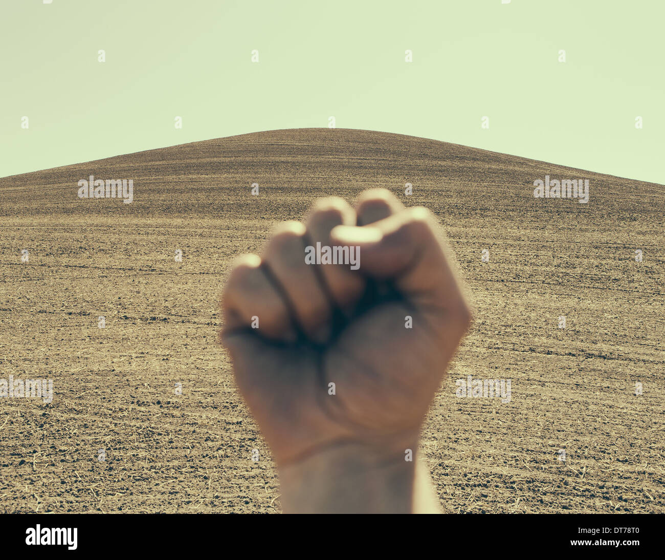 Una mano accumulata fino e facendo un pugno, sullo sfondo di un campo arato e terreni agricoli. Foto Stock
