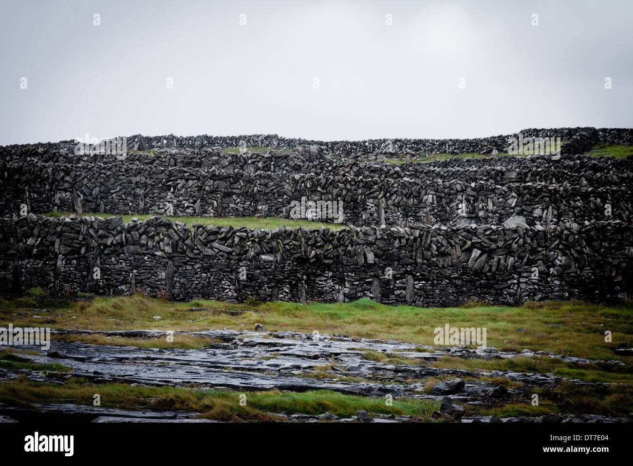 I muri in pietra campi rainy Isole Aran Irlanda galway west Foto Stock