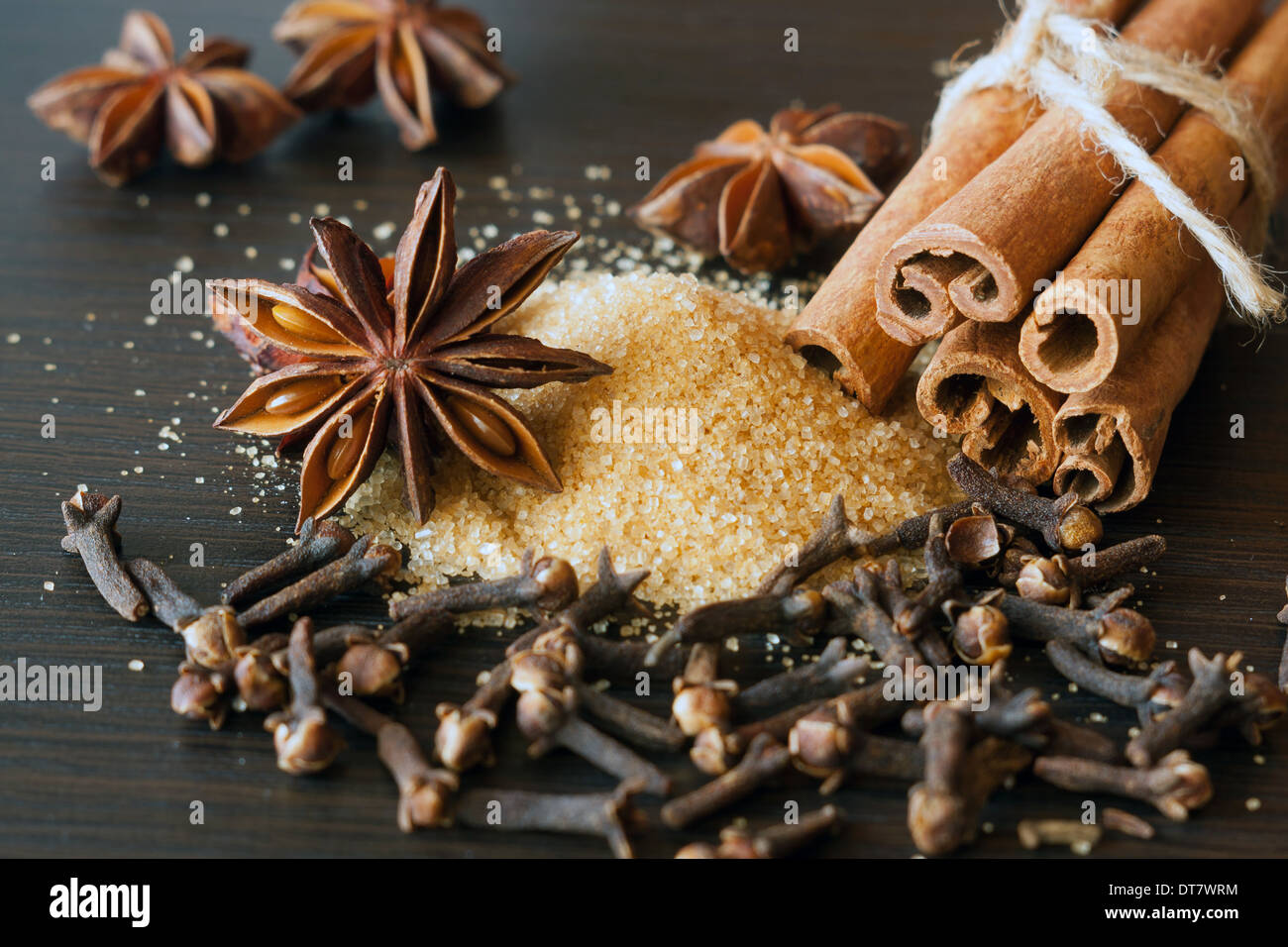 Varie spezie - anice, cannella, chiodi di garofano e zucchero di canna Foto Stock