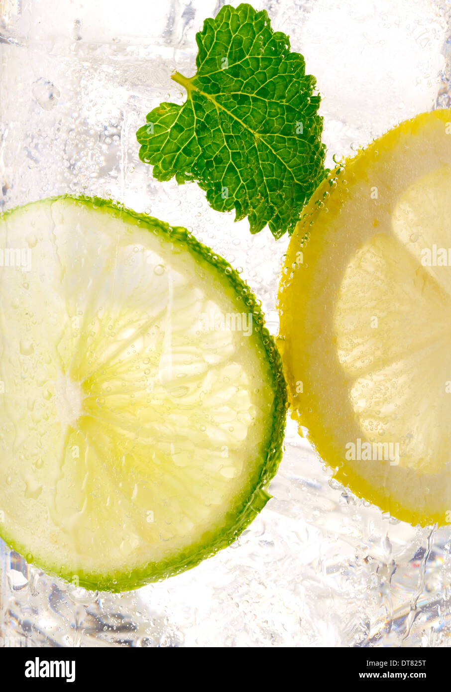 Una chiusura dettaglio di un limone soda calce con una foglia di menta con ghiaccio in un vetro trasparente Foto Stock