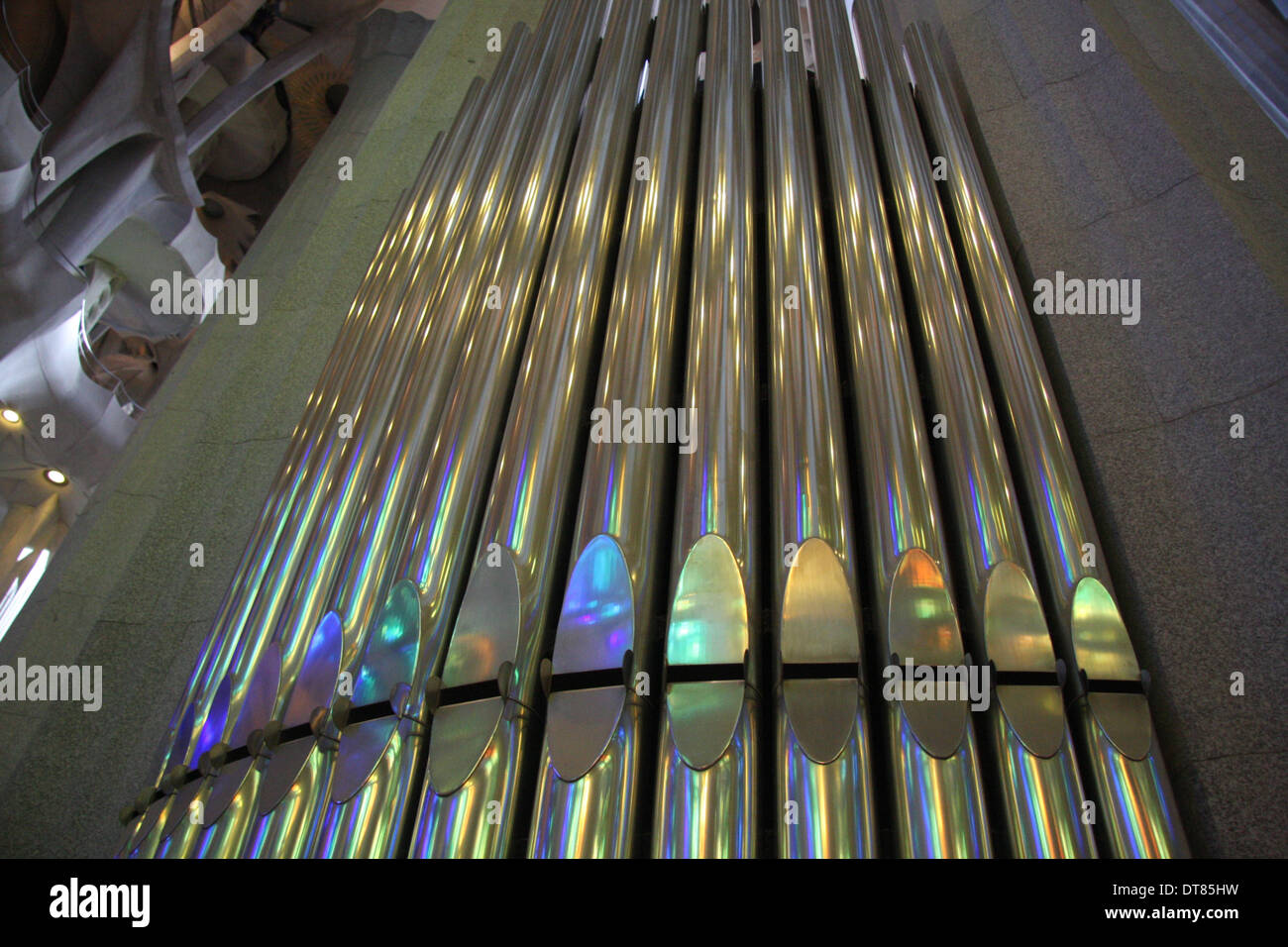 Dettagli dell'organo della Sagrada Familia a Barcellona Foto Stock