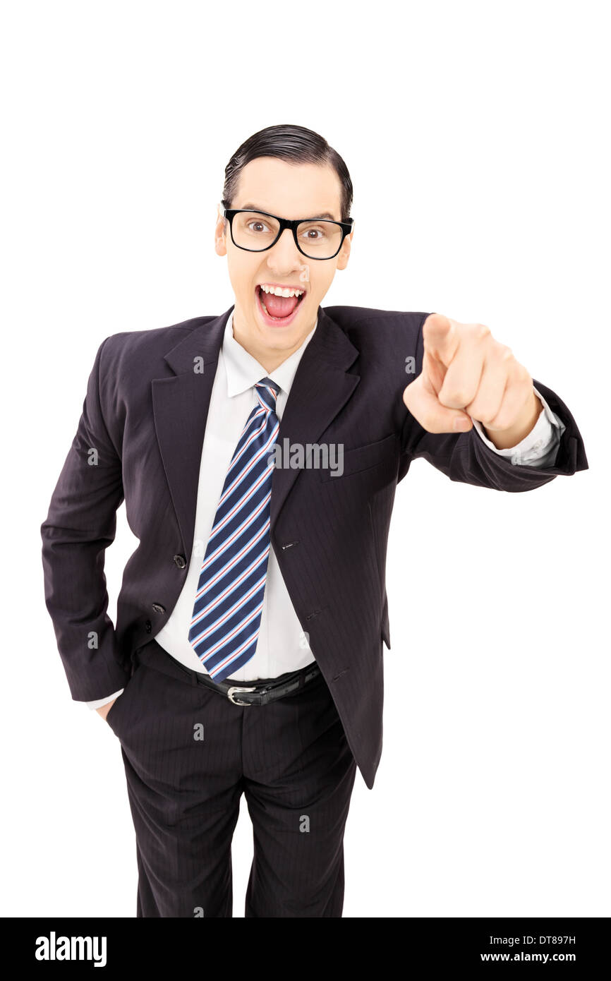 Happy businessman rivolta verso la telecamera Foto Stock