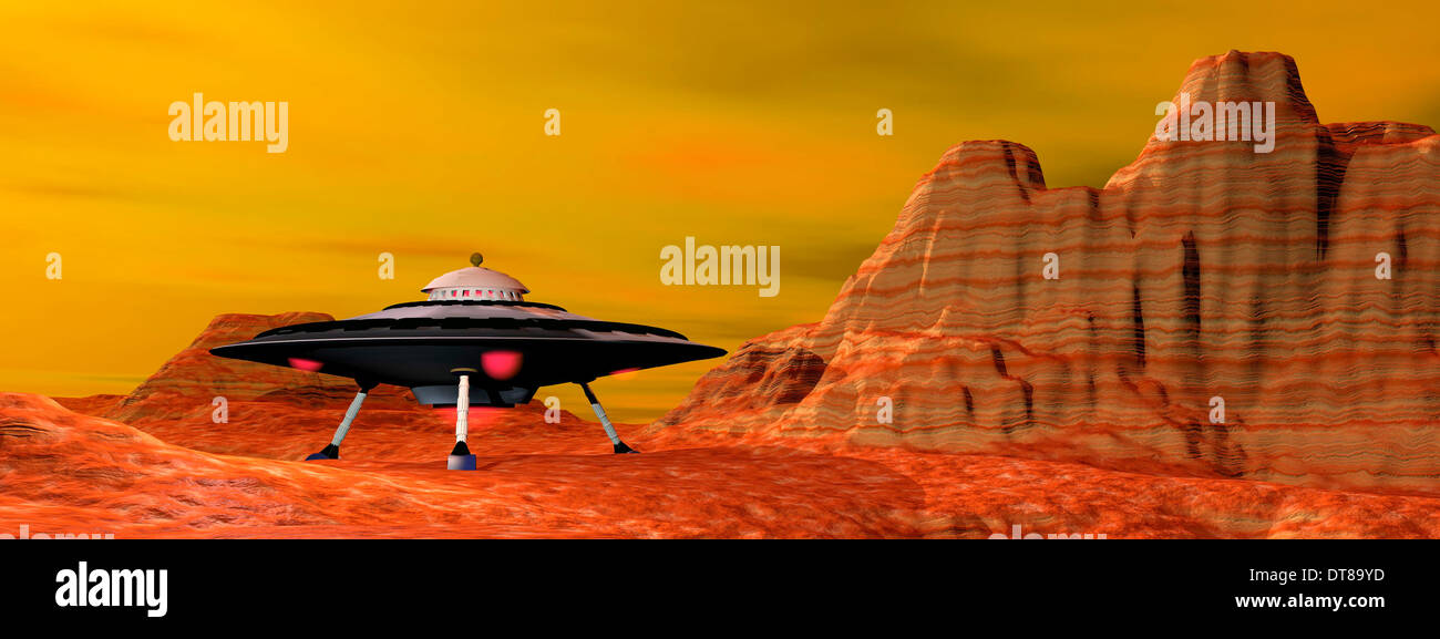 UFO sbarco su un paesaggio del deserto. Foto Stock