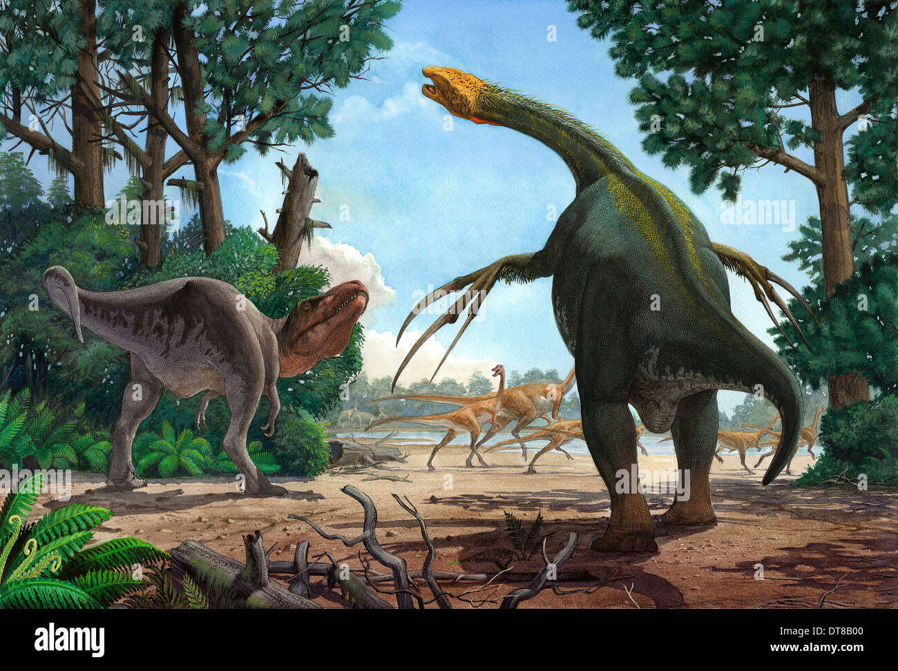 Un Therizinosaurus emerge dalla macchia a impedire che un giovane Tarbosaurus nella sua ricerca di Gallimimus. Foto Stock