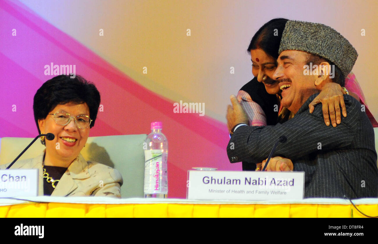 New Delhi. Xi Febbraio, 2014. Leader di India è il principale partito d opposizione Bharatiya Janata Party (BJP) Sushma Swaraj (C) abbraccia il Ministro indiano per la salute e il benessere della famiglia Ghulam Nabi Azad, mentre il Direttore Generale dell Organizzazione Mondiale della Sanità Margaret Chan sorrisi durante la celebrazione del terzo anniverary indiana di dichiarare la polio libera di New Delhi, 11 febbraio, 2014. © Partha Sarkar/Xinhua/Alamy Live News Foto Stock