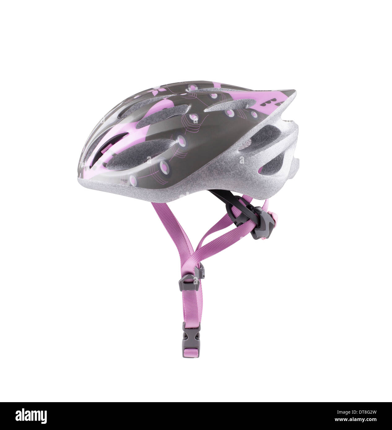 Donna noleggio mountain bike casco di sicurezza isolati su sfondo bianco Foto Stock