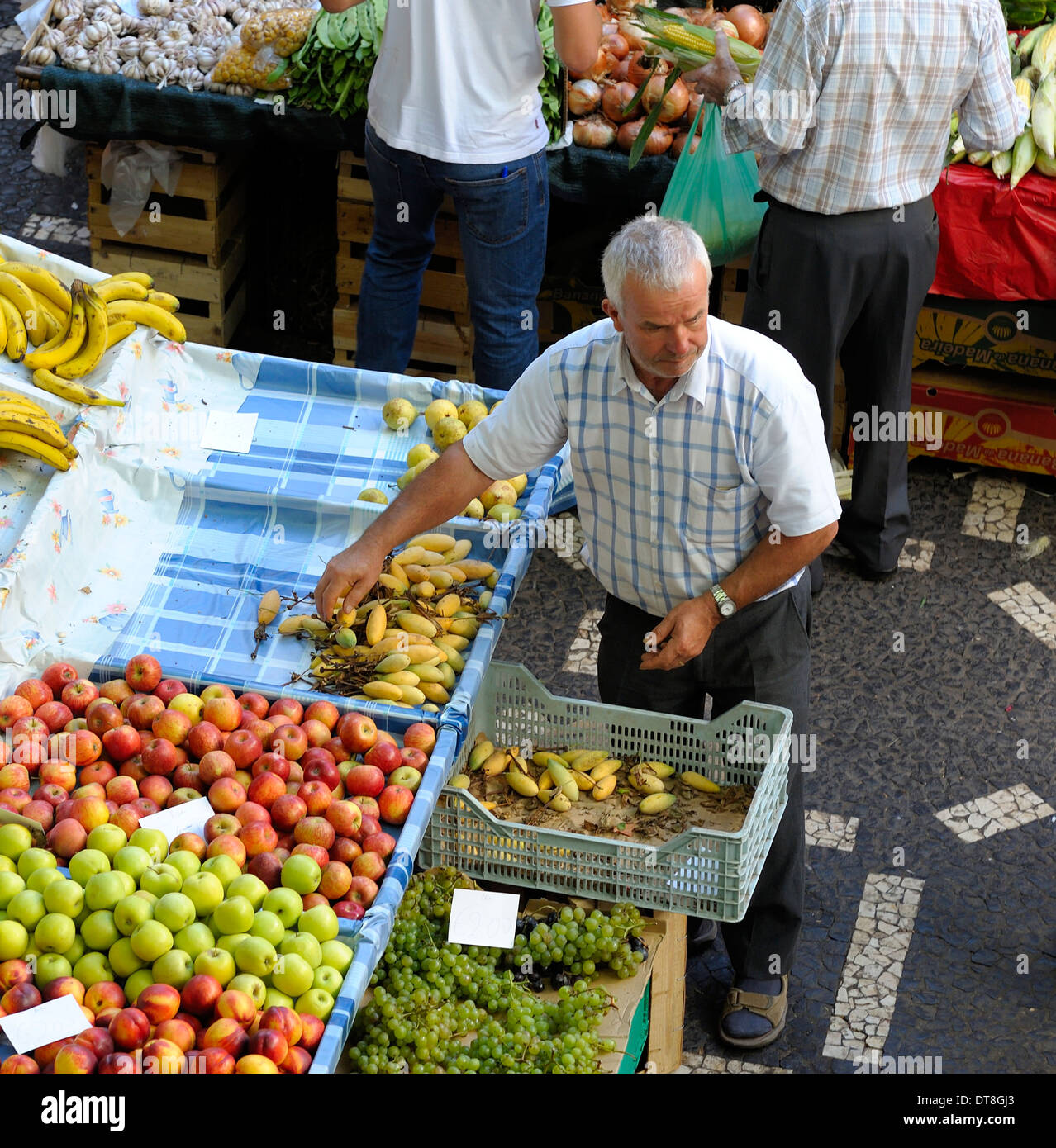 Funchal Madeira al coperto Mercato di frutta e verdura Mercado dos Lavradores un mercato trader riordinare la sua pressione di stallo Foto Stock