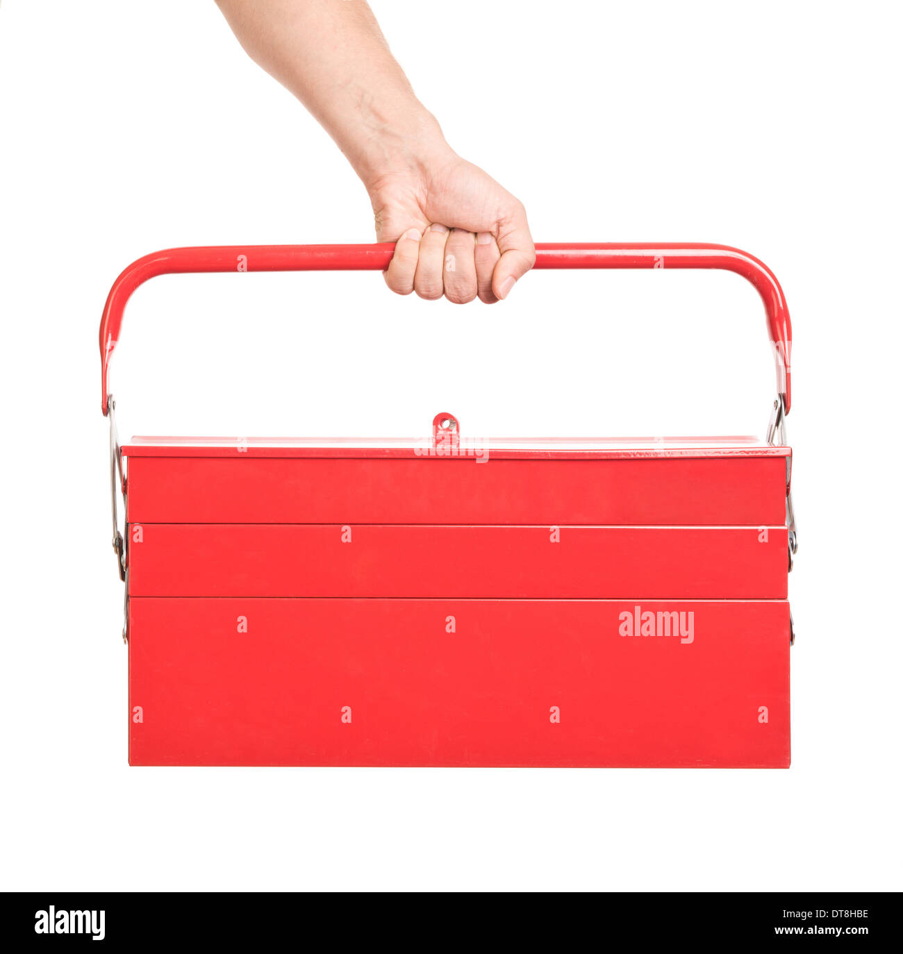 Metallo rosso toolbox in una mano d'uomo Foto Stock