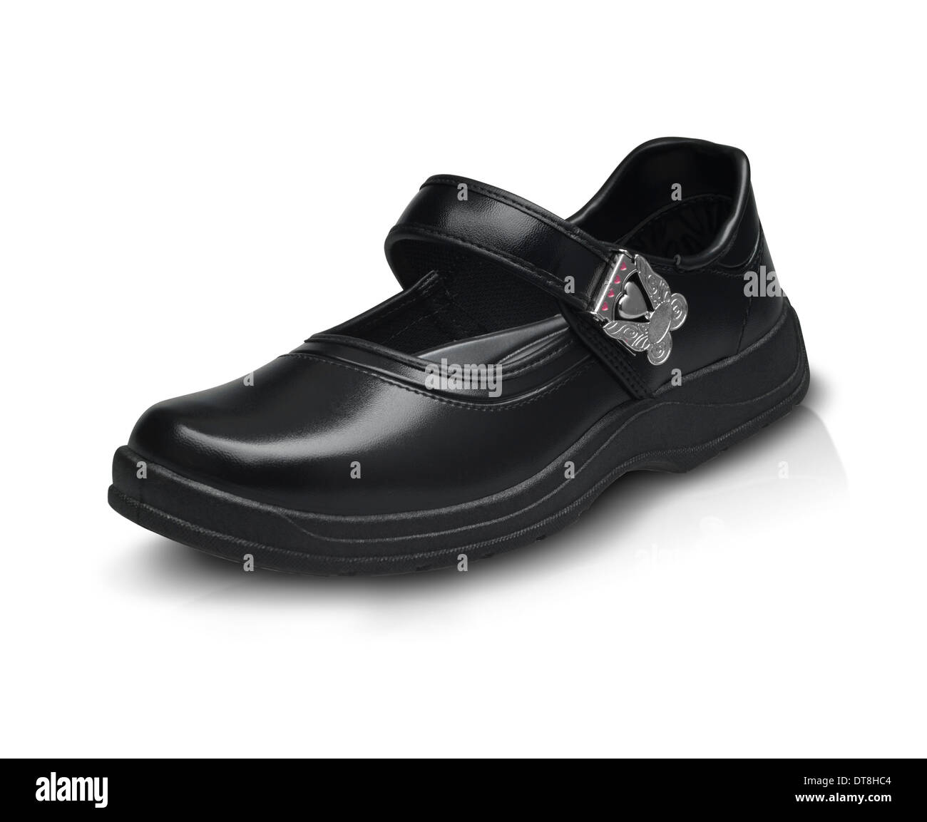 Bella ragazza stile scarpe scuola isolato su bianco Foto Stock